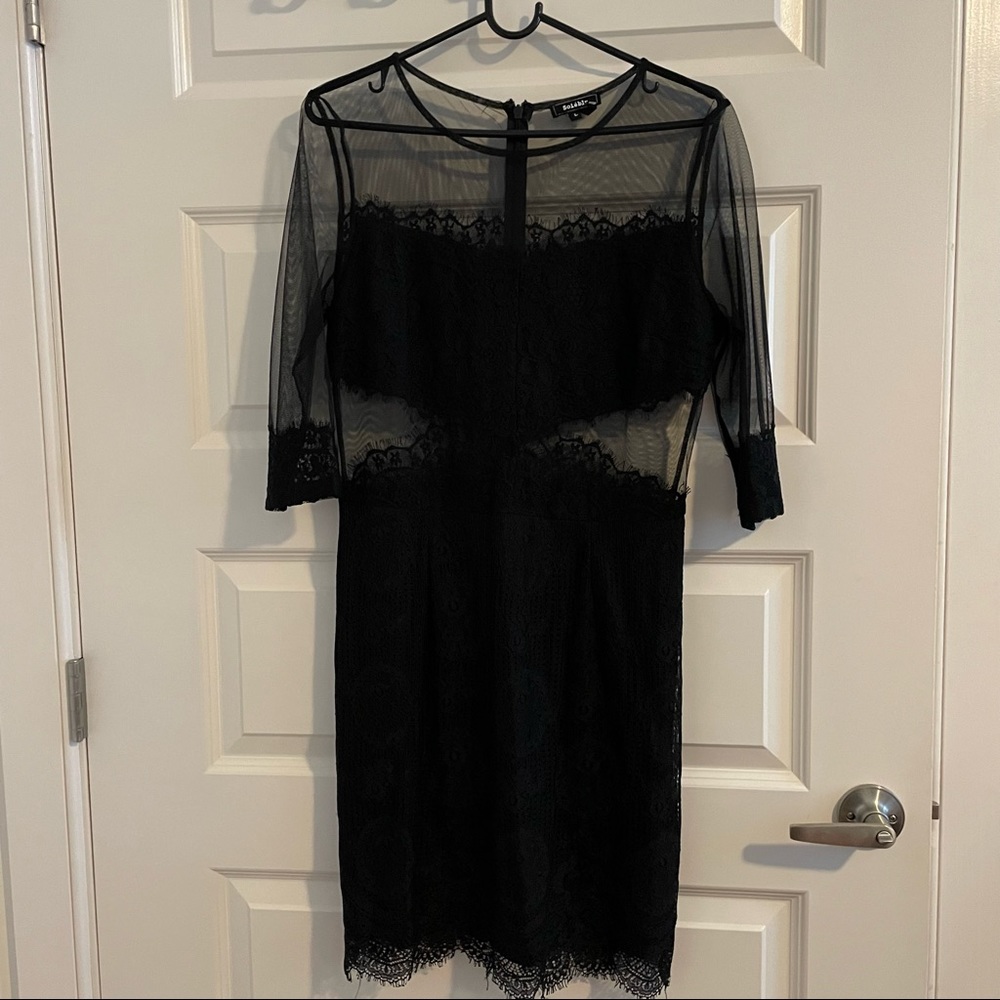 Soiéblue long-sleeved black sheer dress with lace detail, size L